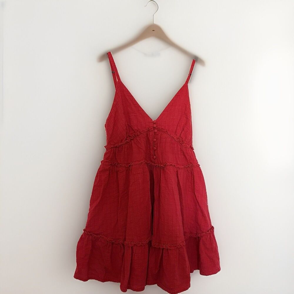 Arizona Jean Co Red BabyDoll V-Neck Button Up Ruffle Lined A-Line Mini Dress XS